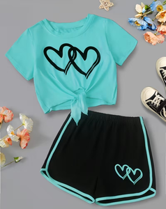 Girls 2-Piece Set Short Sleeve Crop Top With <b>Heart</b> Print <b>Black</b> Shorts With Turquoise Trim Breathable Polyester Cotton Casual - Product Image 1