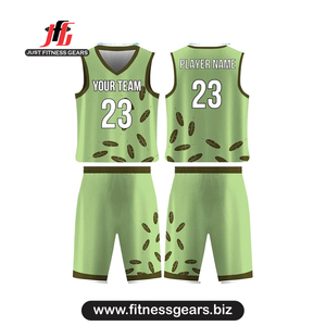 Ensemble de maillots de basket personnalisés, motif feuilles vertes séchées, col en V, sans manches, uniforme à séchage rapide pour adultes - Product Image 1