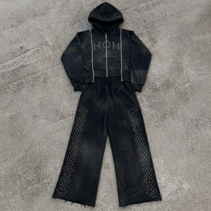 Custom Men's Winter Streetwear Acid Washed Pullover <b>Hoodie</b> Flared Sweatpants Set 100% Cotton Breathable Quick-Dry Eco-Friendly - Product Image 6