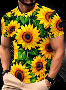 T-shirt à manches courtes pour homme, col rond, imprimé floral tournesol, coupe ajustée, vêtement décontracté, tissu en polyester respirant, chemise élégante - Product Image 3