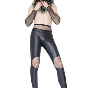Women's <b>Black</b> Faux Leather <b>High</b> <b>Waist</b> Full Length <b>Leggings</b> With Mesh Knees Stretchy Skinny Glossy Sexy Club Style - Product Image 2