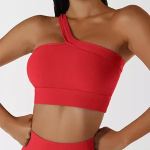 Wholesale Price <b>One</b> Shoulder Crop Sports Bra Custom Fitness <b>Top</b> Running Customized Breathable Sports Bra for Women - Product Image 4
