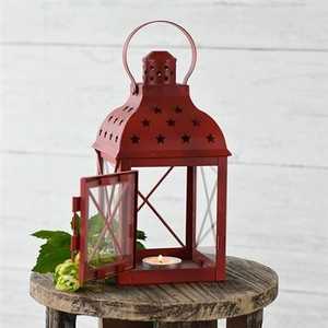 <b>Red</b> Metal Lantern with Star Cutouts and Glass Panel Door Decorative <b>Candle</b> Holder for Table Centerpiece - Product Image 1
