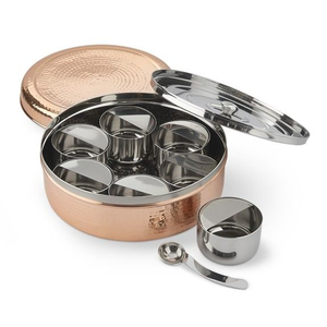 HF Crafts' Handcrafted Golden Brass <b>Spice</b> <b>Box</b> Set Kitchen Masala <b>Box</b> with Copper Spoon Direct Manufacturer - Product Image 1