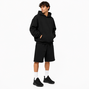 Men's Black Hoodie And Shorts <b>Set</b> Solid Color Fleece Casual Wear Summer Outfit <b>Knitted</b> Fabric Hooded Sweatshirt With Kangaroo - Product Image 3