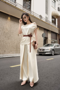 Women's Cream Polyester Spandex Wide Leg <b>Split</b> Pants Casual Office High Waist Designer <b>Trousers</b> Fashion Pants ELOWEN - Product Image 4