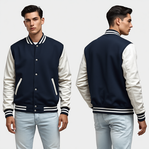 Chaqueta Varsity para Hombre, Azul Marino y Blanco, Mangas en Contraste, Cuello Camisero, Cierre de Botones, Corte Regular, Estilo Preppy, Ropa de Abrigo para Otoño - Product Image 4