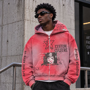 Sudadera con capucha extragrande con cremallera para hombre Brand Studios, estampado rojo por sublimación, estilo urbano, algodón French Terry, ropa de otoño - Product Image 1