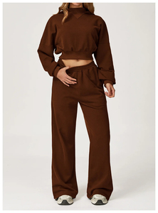Women's Wide Leg Fleece Pants High Waist Loose Fit Full Length Solid <b>Brown</b> Casual Autumn Knitted Cotton Elastic Waist Pants - Product Image 6