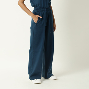 Pantalon large taille haute pour femme, tricoté, respirant, couleur unie, coupe ample, longueur totale, avec cordon de serrage, style décontracté automne - Product Image 2