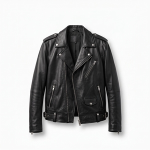 Dumela Men's Black Genuine Leather Canvas Motorcycle Jacket <b>Slim</b> Fit Stand Collar Zipper Closure <b>Belted</b> Design Solid Color - Product Image 1