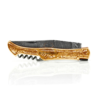 Couteau de poche Laguiole en acier Damas OEM en gros DD-LK-WH511 avec manche en cuivre gaufré et étui en cuir de vachette