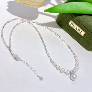 Collar de Perlas de Agua Dulce Francesas de 3-8 mm, Diseño de Diamante Cuadrado, Estilo de Media Luna Plateada, Diseño de Plata Pura - Product Image 5