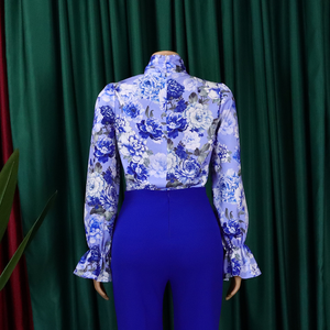 Women Floral Print Satin Blouse With Mandarin Collar Balloon Sleeve Wrap Tie <b>Top</b> Spring Summer Party Wear Plus Size Dress Custom - Product Image 5