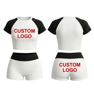 Conjunto Deportivo de Dos Piezas para Mujer, Top Corto y Pantalones Cortos en Rosa y Negro con Contraste, Logotipo Personalizado, Transpirable, de Algodón y Elastano, para Primavera/Verano - Product Image 2