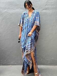 Vestido Largo Boho con Cuello en V y Tie Dye, Vestido Holgado con Dobladillo Asimétrico y Manga Tres Cuartos, Ropa de Playa de Verano para Mujer - Product Image 4