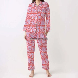 Conjunto de pijama para casa de verano hecho a mano, bloque indio, Primavera/Verano, Floral/personaje/letra/patrón/vacaciones/patrón de árbol de coco - Product Image 2