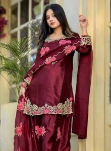 Embroidered Salwar Kameez Set Japan Satin Floral Sequin Work Outfit Women Pakistani Indian Clothing - Product Image 2