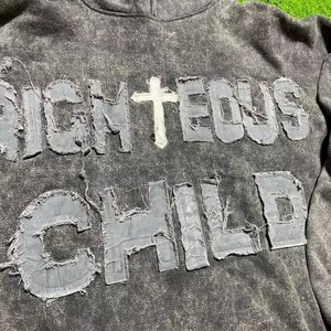 Sudadera con capucha para hombre de algodón grueso, extragrande, de felpa francesa gris vintage, personalizada, con efecto desgastado por el sol y lavado ácido. - Product Image 4