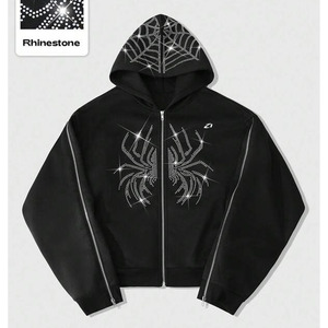 Sudadera con capucha gris de peso pesado para hombre con cremallera, detalles minimalistas de pedrería, estilo oversize, de algodón polar, fabricación personalizada - Product Image 6