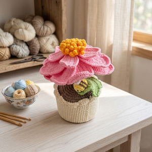 Maceta amigurumi de flores rosas hecha a mano al por mayor con flor de hilo tejido para decoración del hogar o decoración de escritorio de oficina, regalo. - Product Image 1
