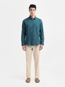 Chemise en lin unie à manches longues pour homme Enovate, tissu tissé respirant décontracté d'été, 200g, vert sarcelle - Product Image 2