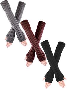 Calentadores de brazos de punto trenzado para mujer, rojo, marrón, gris, sin costuras, acrílicos, guantes largos sin dedos/manguitos para brazos - Product Image 2