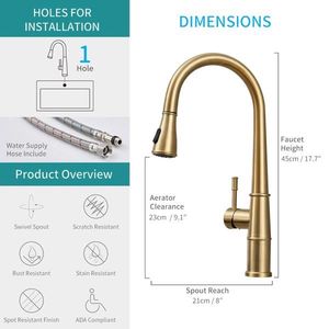 Single-Hole Deck Mount Gold Kitchen Faucet 1Handle Brushed Gold Sink Faucets with 360 Degree High Arc Pull Sprayer Design - Product Image 5
