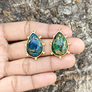 18K Gold Plated Solid Brass Apatite Jade Mohave Turquoise Pendant Connector Handmade Emerald Pear Cabochon Jewelry Link Supplies - Product Image 6