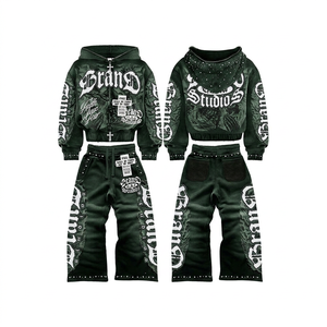 High Quality Men's Green Fleece Breathable Hoodie Set Digital Print Street Style Zipper Jacket Pants Matching <b>Outfit</b> Winter Wear - Product Image 2