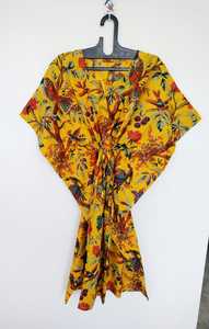 Caftán indio hecho a mano de algodón con estampado de pájaros, vestido ligero tipo kimono. - Product Image 3