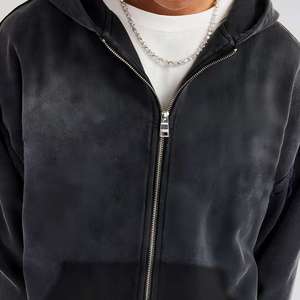 Custom Men Vintage Acid Wash Tracksuit Set Oversized <b>Zip</b> Up Hoodie Raw Hem Boxy Fit Wide Leg Sweatpants Streetwear 2 Piece Set - Product Image 3