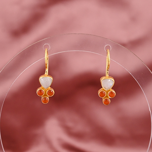 Trendy <b>Gold</b> Plated Natural Red Onyx & Rainbow Moonstone Gemstone 925 Sterling Silver <b>Dangle</b> <b>Earrings</b> for Women - Product Image 1