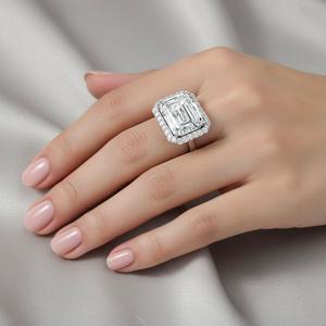 Luxury Rhodium Plated <b>Silver</b> <b>Emerald</b>-Cut Moissanite Engagement <b>Ring</b> with Baguette Accent Stones for Women - Product Image 4