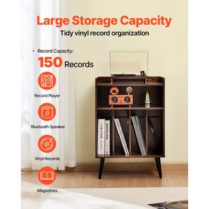 <b>Record</b> Player <b>Stand</b> with LED Light 3-Tier Turntable <b>Stand</b> with Charging Station Holds 150 Vinyl Albums - Product Image 2