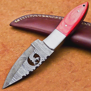 Couteau de chasse OEM Wirecut en acier Damas, lame fixe, manche en bois, couteau de camping et d'extérieur EDC avec étui en cuir - Product Image 1