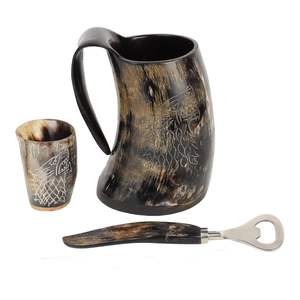 Taza de Cuerno Natural con Base de Madera Pulida, Estilo Animal, Diseño Moderno, Vaso para Café y Cerveza para Fiestas - Product Image 3