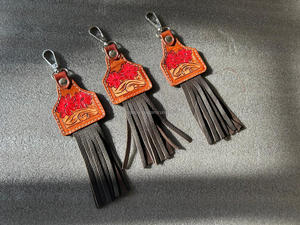 New Real Handcrafted Genuine Color Tooled Leather Cute Charming <b>Tassel</b> Keyrings Hot Sale Western Style Modern Floral Key Fobs - Product Image 2
