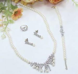 Glamorous Silver Finish Pearls CZ Look Classic Necklace Combo <b>Set</b> Earrings Ring <b>Bracelet</b> Wedding Engagement Party Modern Wear - Product Image 2