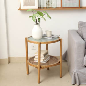 Mesa Auxiliar de Almacenamiento redonda Bohemia hecha a mano de madera de ratán de vidrio para muebles de sala de estar - Product Image 2