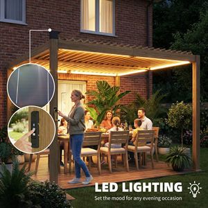 Pérgola Marrón con 10 x 10 Paneles de Celosía, Luces LED Solares, Techo Metálico y Canaletas de Drenaje, Gazebo para Patio Exterior y Refugio - Product Image 4