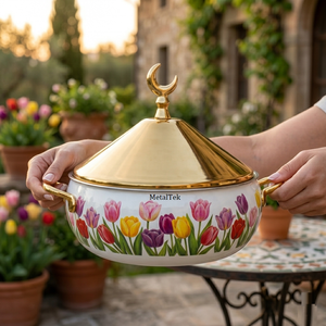 Chauffe-plat de luxe en acier inoxydable, motif tulipe, avec bouton lune, pour buffet, cadeau Ramadan, vaisselle - Product Image 2