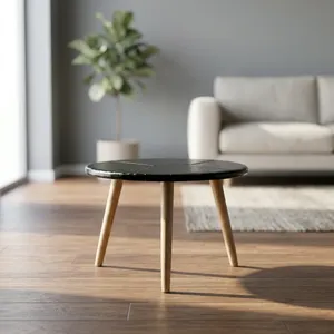 Table basse ronde moderne avec plateau recouvert de cuir noir et pieds en bois, style scandinave, meubles de salon, design artisanal - Product Image 2