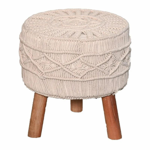 Cotton Round Luxurious Handmade Macrame Covered <b>Ottoman</b> <b>Stool</b> with Wooden Legs Boho Footrest Pouf for Living Room Hotel Cafe - Product Image 1