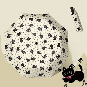 Parapluie de voyage pliable en 3 sections pour femme, motif chat de dessin animé mignon, en pongé avec protection UV, vente en gros - Product Image 1