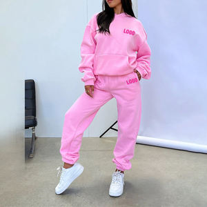 Wholesale Women's Solid <b>Pink</b> 100% Cotton Fleece Fall <b>Tracksuit</b> Girl's Mid Waist Loose Fit Oversize Jogging Sportswear <b>Tracksuits</b> - Product Image 1