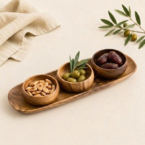 Ensemble de bols à condiments en bois d'acacia écologique faits à la main avec un long plateau pour baguette, en bois naturel durable pour sauces et accompagnements - Product Image 5
