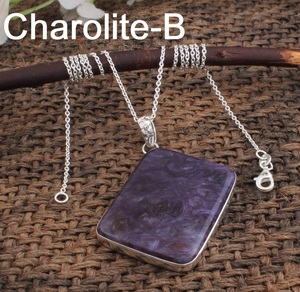 Collier unisexe vintage en argent sterling 925 plaqué platine avec grandes breloques en charoïte naturelle russe, bijoux en pierres précieuses - Product Image 2