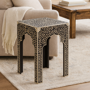 Taburete de Incrustaciones de Hueso Hecho a Mano por Artesanos Reales, Mesa Auxiliar con Diseño Floral Negro, Muebles para el Hogar, Decoración para Sala de Estar y Dormitorio - Product Image 1
