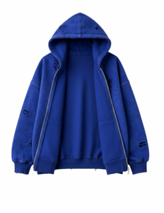 เสื้อฮู้ดดี้ซิปแบบยูนิเซ็กส์ สีน้ำเงินล้วน สไตล์วินเทจ ขาดๆ แบบดิสเทรส ทรงโอเวอร์ไซส์ ผ้าฟลีซ สตรีทแวร์ มีกระเป๋า ผลิตจากผ้าฝ้าย 100% - Product Image 3